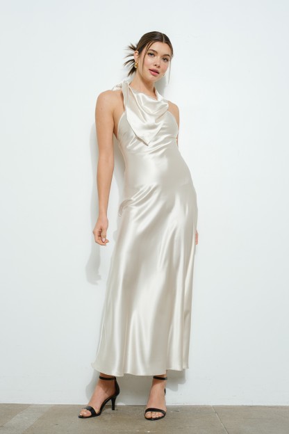 Satin Sleeveless Knot-drape Halter Maxi Dress #23600574