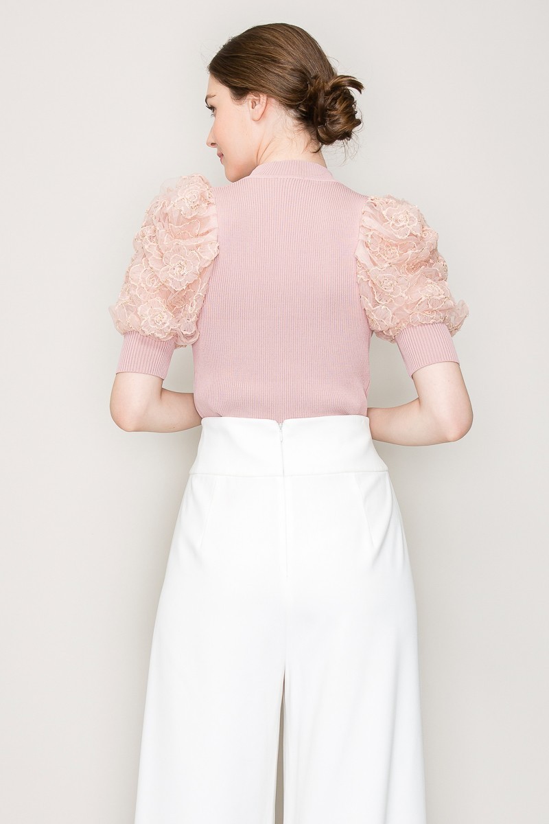 Mock Neck Floral Detail Puff Short Sleeve Knit Top #23658878