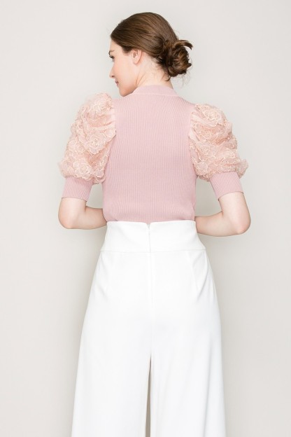 Mock Neck Floral Detail Puff Short Sleeve Knit Top #23658878
