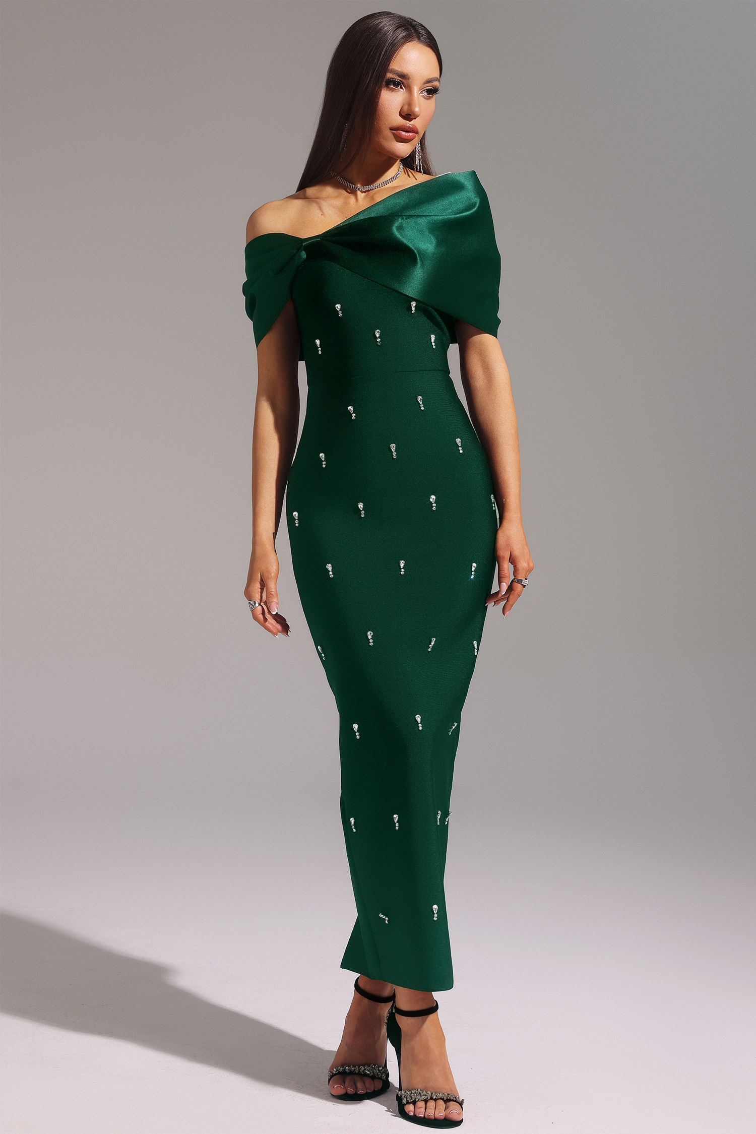 Palez Sleeveless One Shoulder Diamond Bow Bandage Maxi Dress