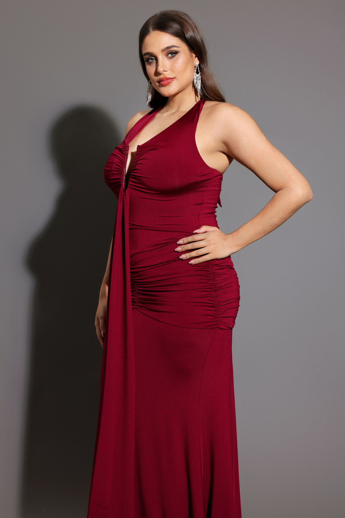 Elsie Halter Sleeveless V-Neck Wrinkles Maxi Dress