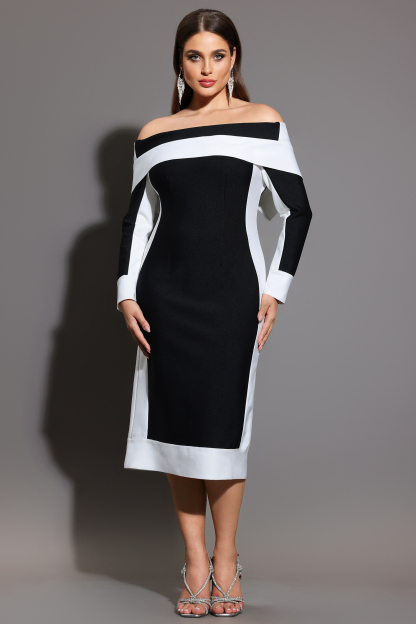 Mattey Off-The-Shoulder Long Sleeves Stripes Bandage Midi Dress