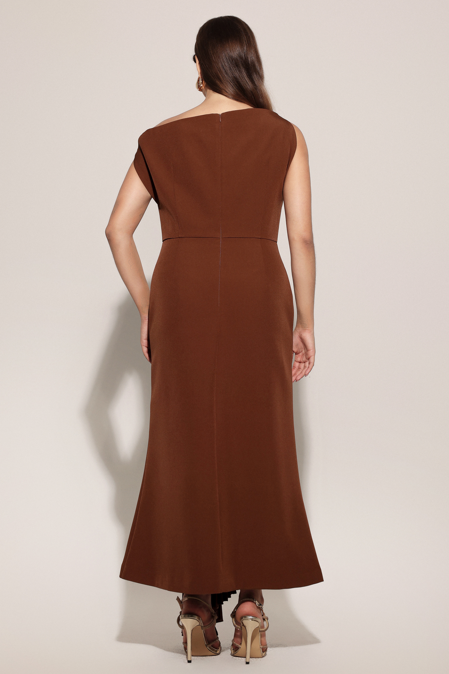 Paulina Oblique Shoulder Sleeveless Folds Brown Midi Dress