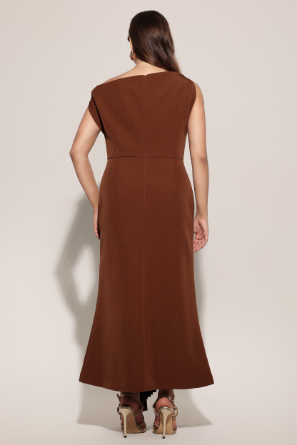 Paulina Oblique Shoulder Sleeveless Folds Brown Midi Dress