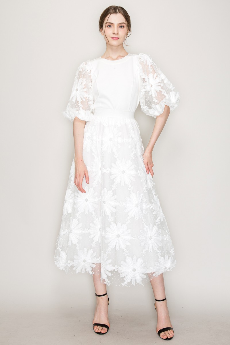 High Waist Floral Applique Dots Tulle Long Skirt #22107318