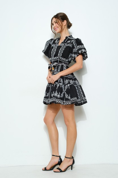 Embroidered Short Puff Sleeve Mini Dress #23699337