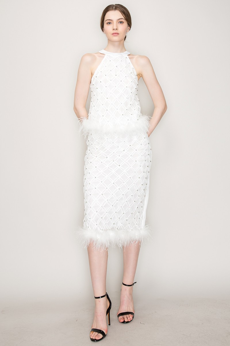 Rhinestone Feather Trimmed Chocker Neck Top #23125528