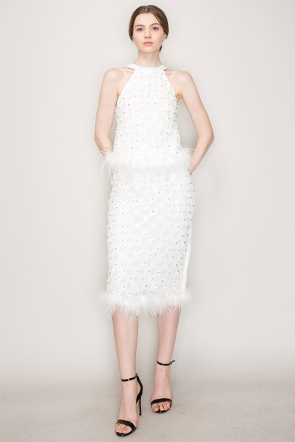 Rhinestone Feather Trimmed Chocker Neck Top #23125528