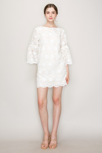 Floral Lace Three Quarter Sleeves Mini Dress #23527447