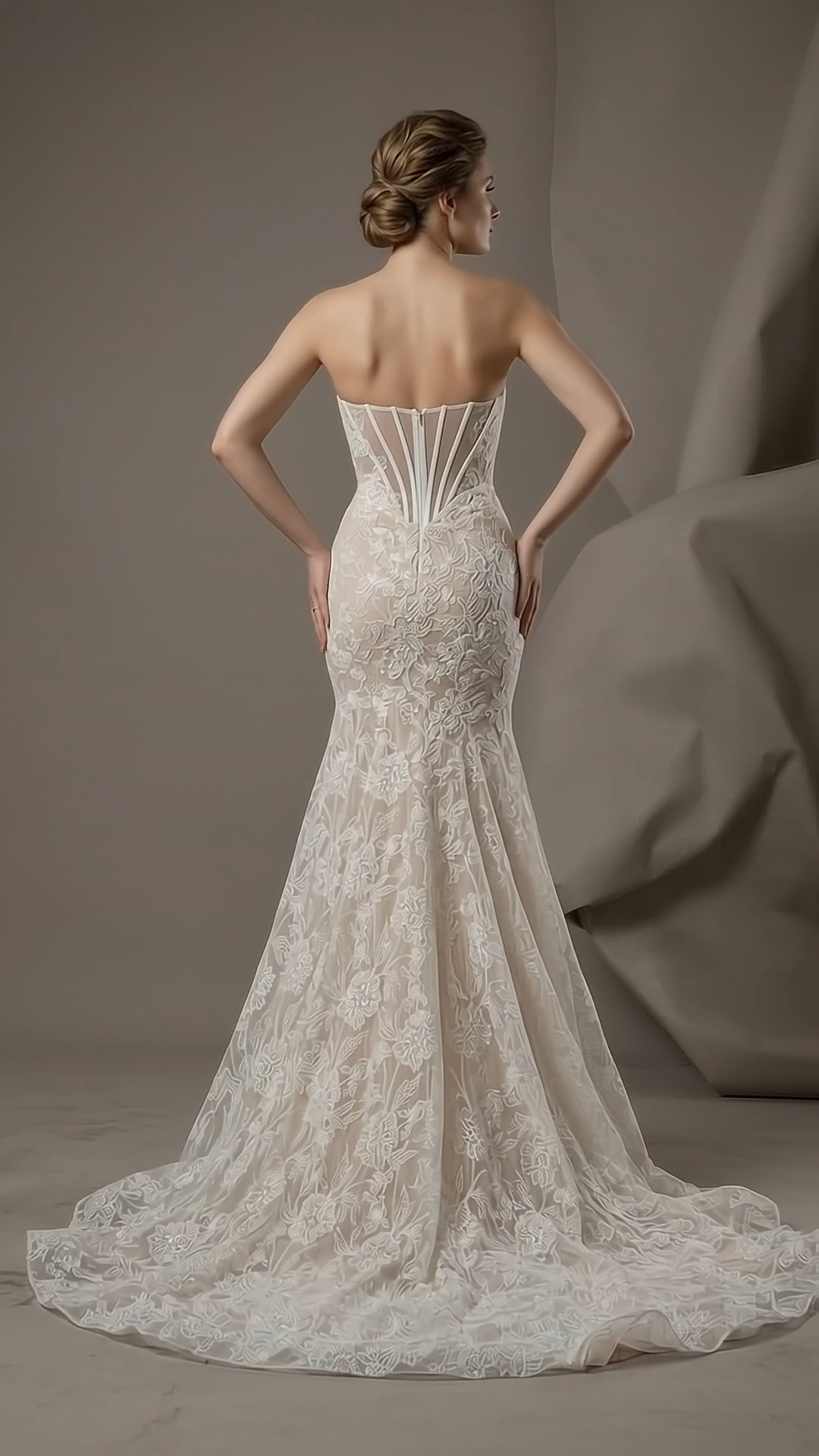 Romantic Floral Lace Strapless Mermaid Wedding Dress | Sweetheart Plunge Boned Corset Bridal Gown with Court Train W6009