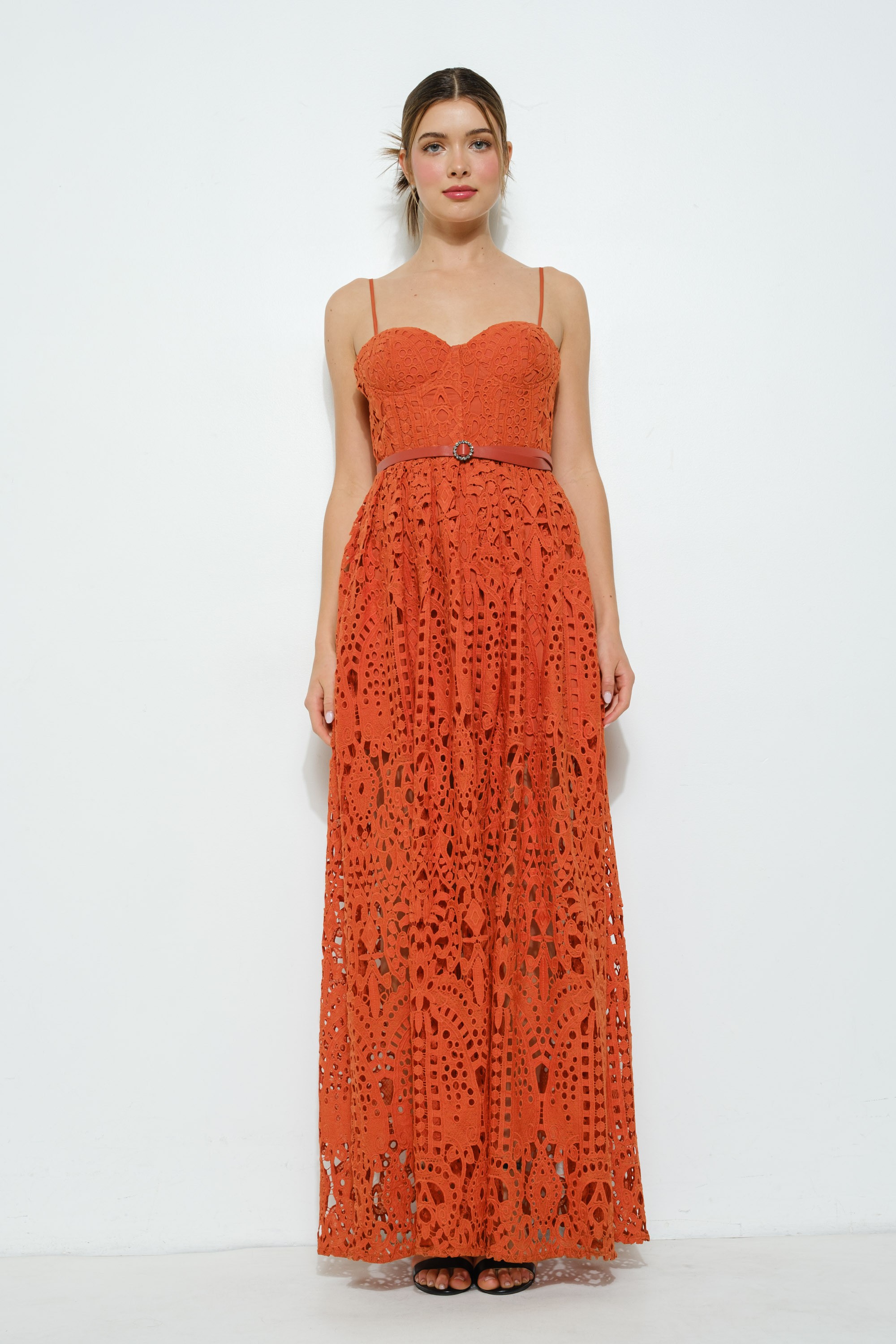 Lace Maxi Spaghetti Strap Dress With Belt #23699948