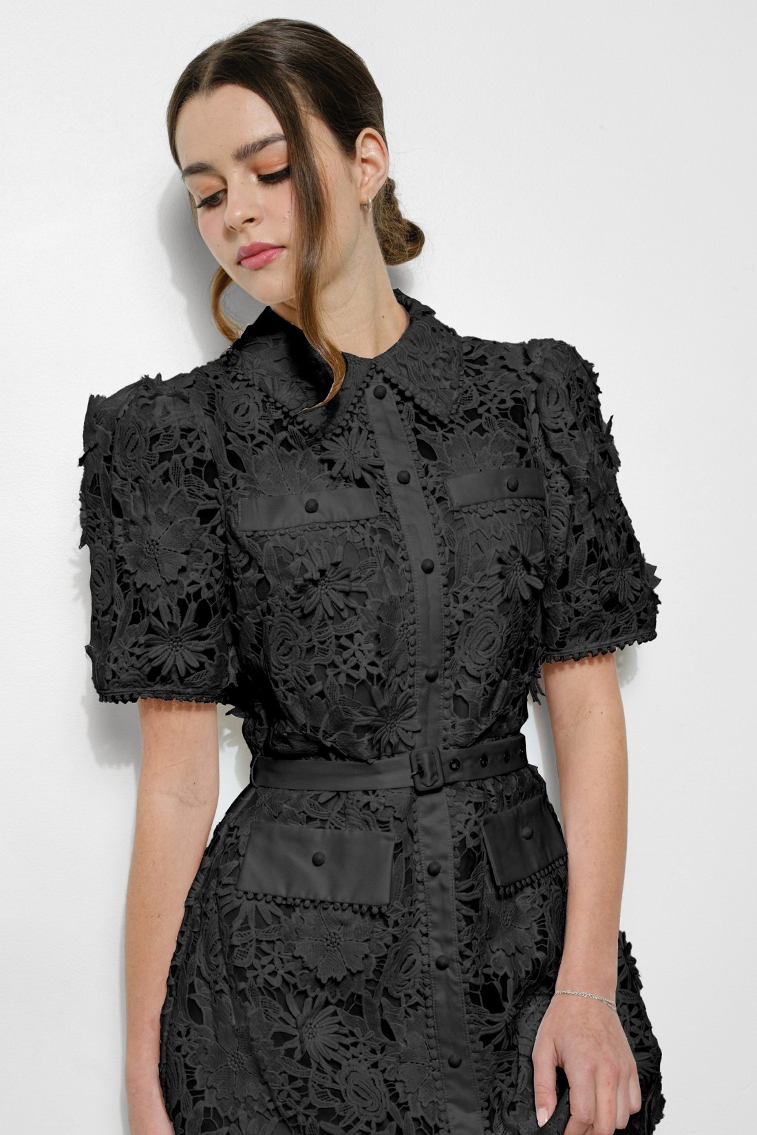 Short Puff Sleeve Floral Lace Belted Mini Dress #23642768