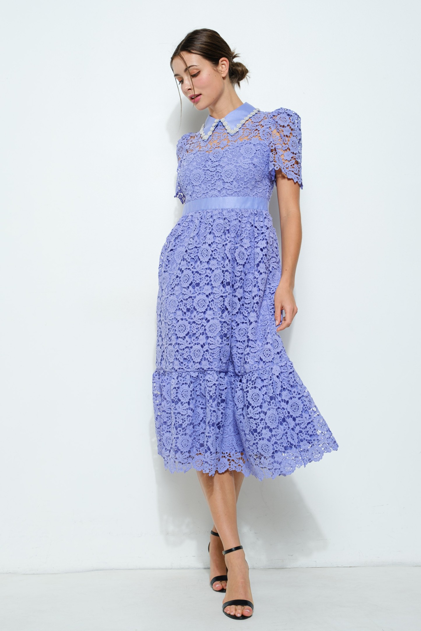 Pearl Embellished Collar Lace Midi Dress #23557937