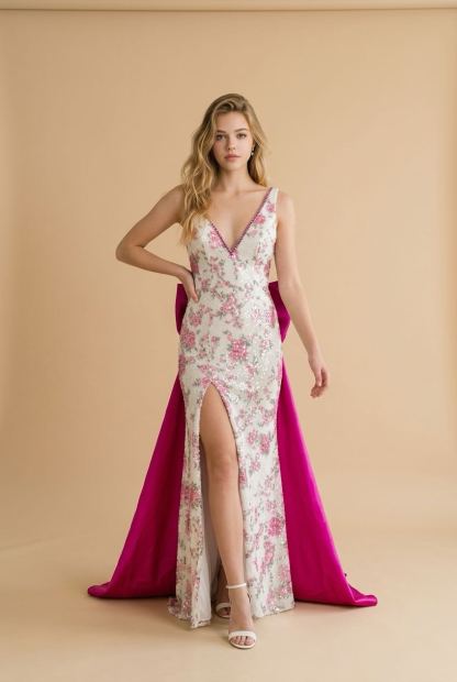 #3721 Fitted strapless brocade gown.