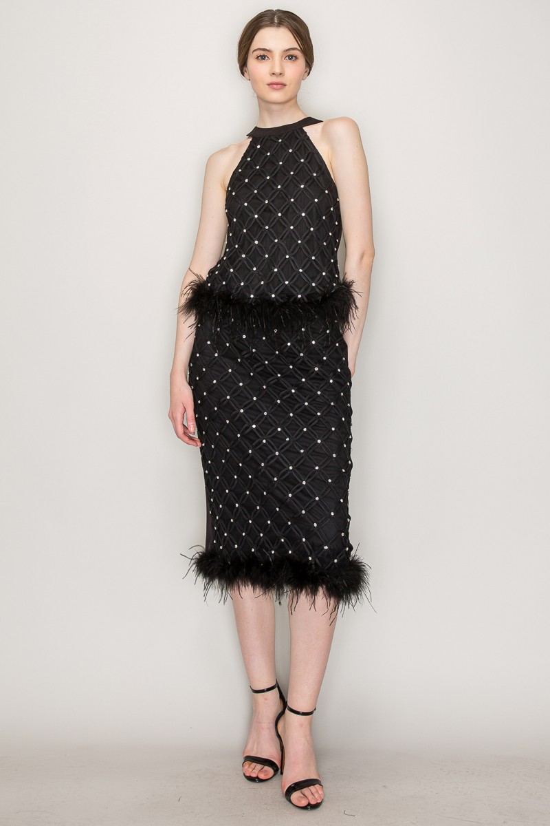 Rhinestone Feather Trimmed Chocker Neck Top #23125528