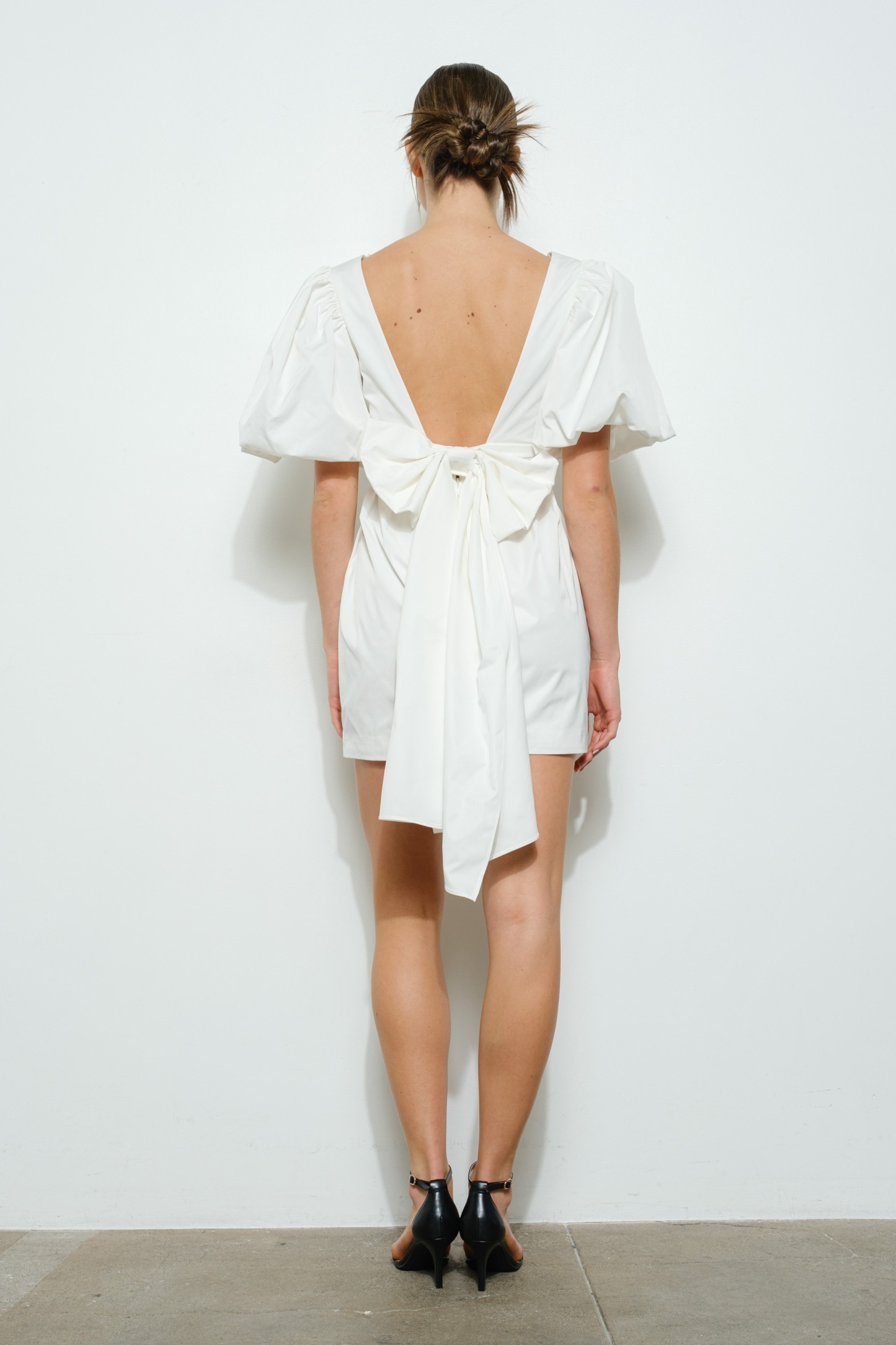 Short Puff Sleeve Open Back Bow Mini Dress #23578428