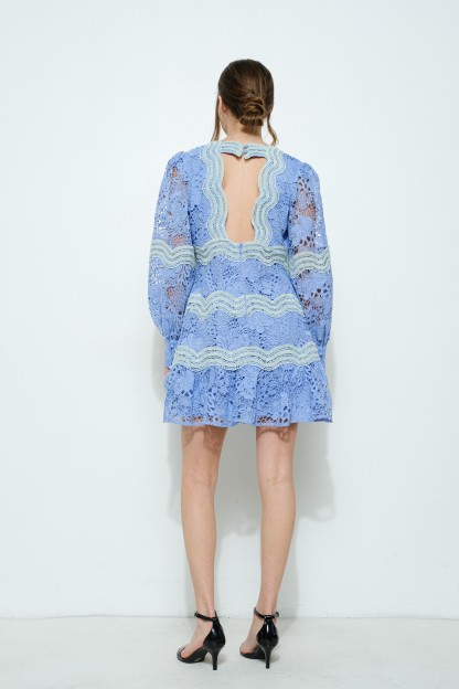 Lace Panel Puff-sleeve Open-back Mini Dress #23569107