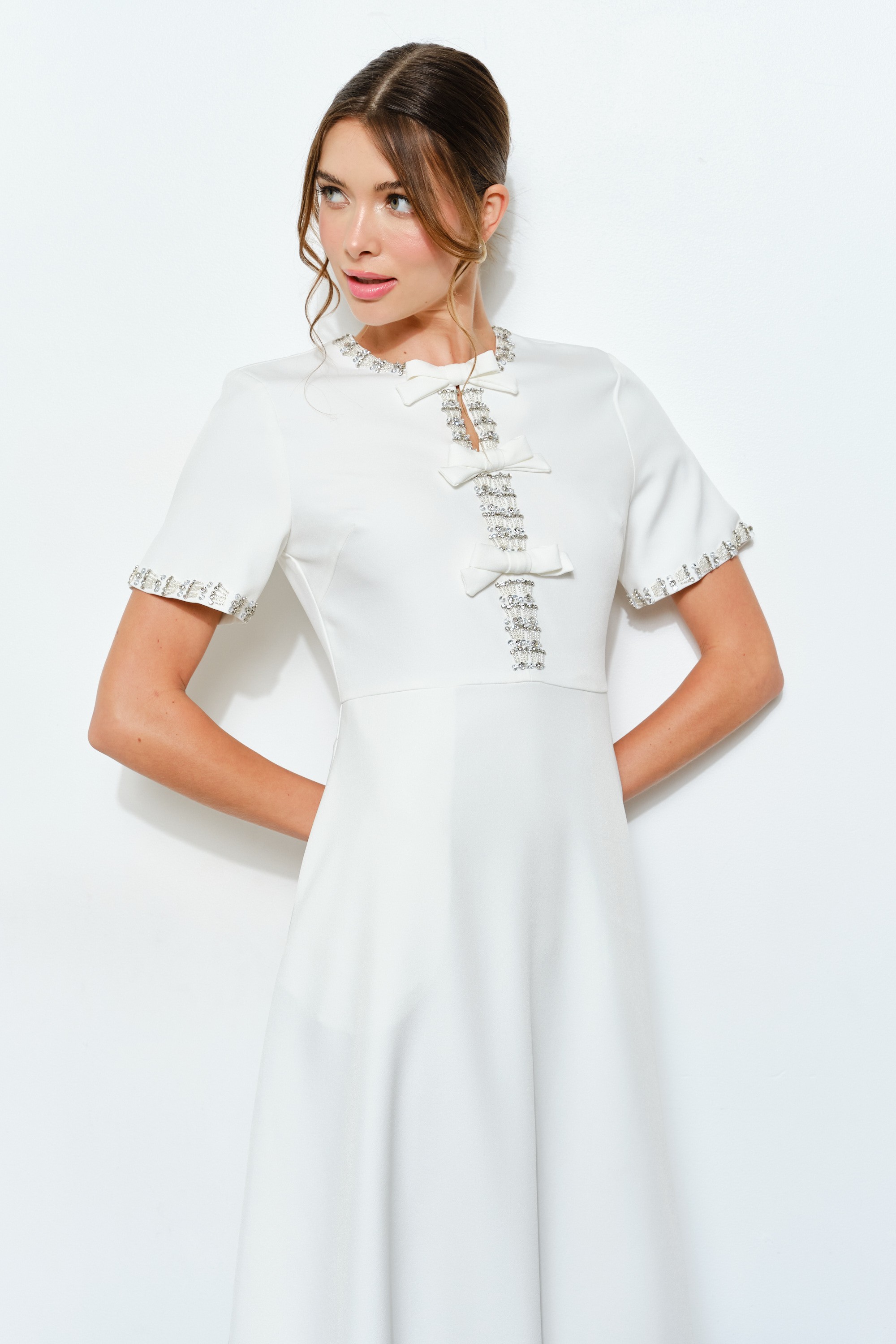 Short Sleeve Embellished Bow Midi Dress #23704849