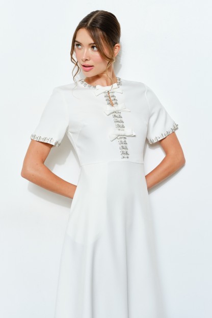 Short Sleeve Embellished Bow Midi Dress #23704849