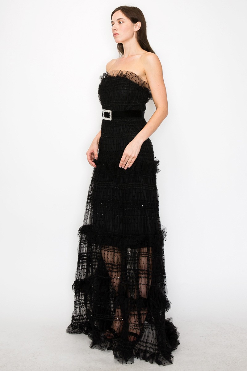 Strapless Polka Dots Tiered Tulle Maxi Dress #23551128