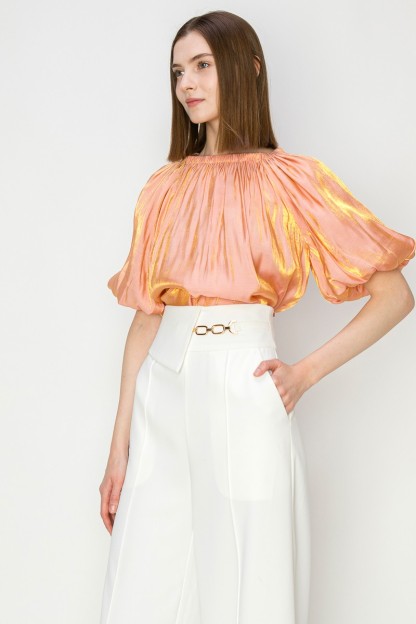 Satin Puff Balloon Sleeves Blouse Top #23108197