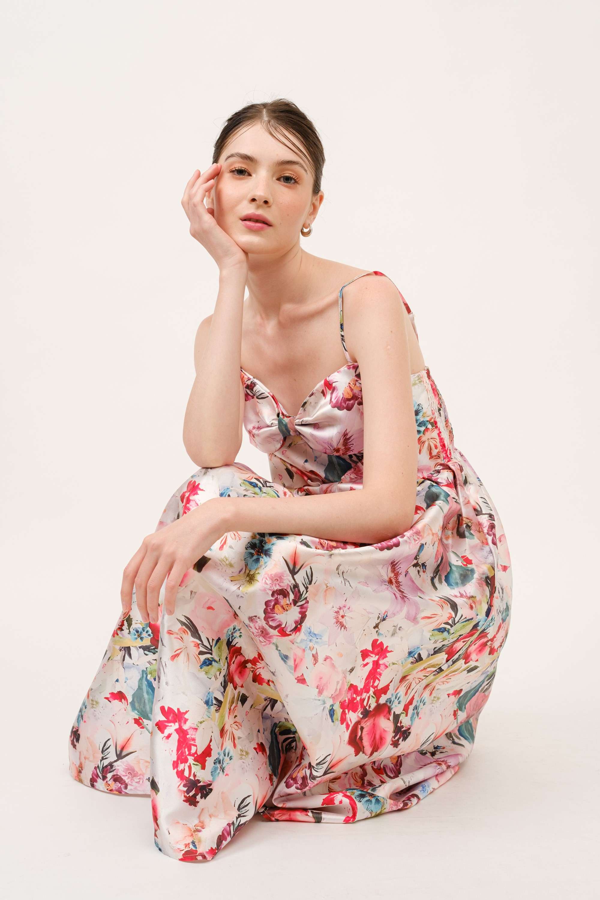 Floral Print Satin Bow Detail Midi Dress #23700092