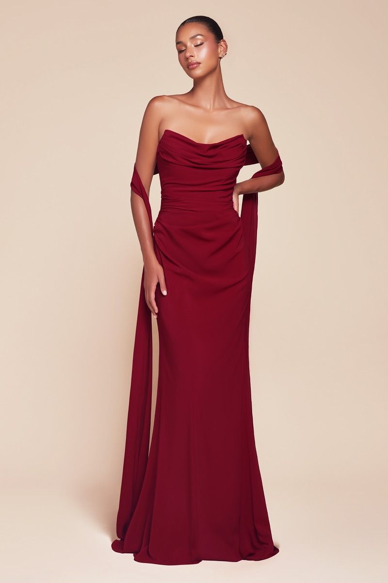 Fitted Strapless Scoop Versitile Tie Chiffon Dress 7433