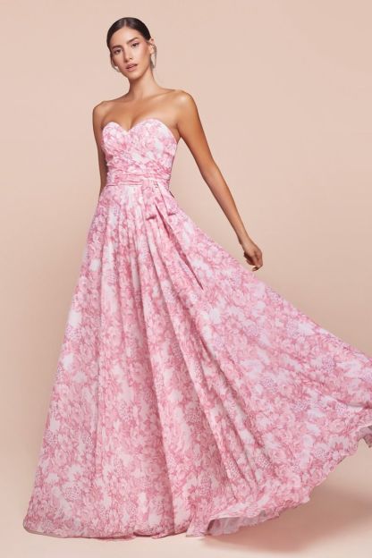 A-Line Strapless Sweetheart Floral Chiffon Dress 7443