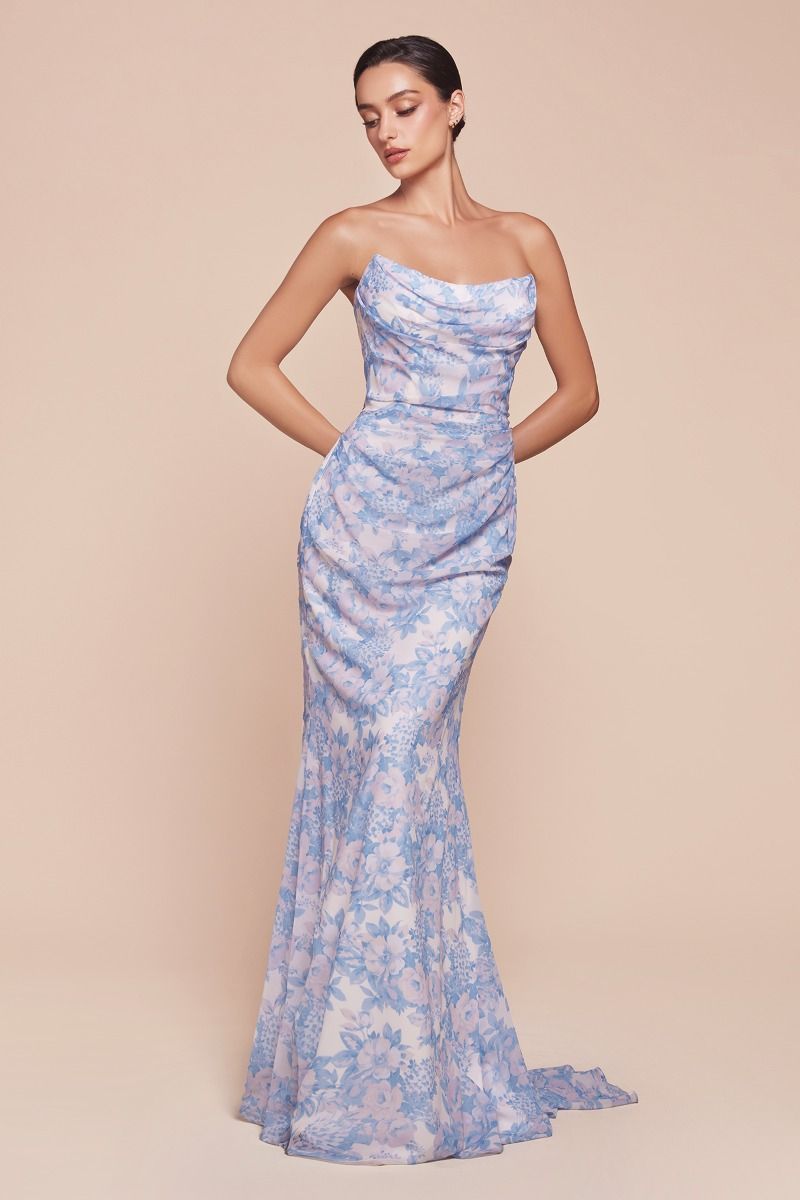 Fitted Strapless Floral Printed Chiffon Dress 7445