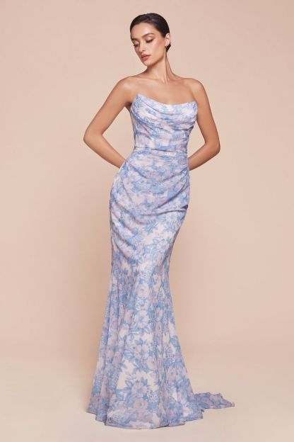 Fitted Strapless Floral Printed Chiffon Dress 7445