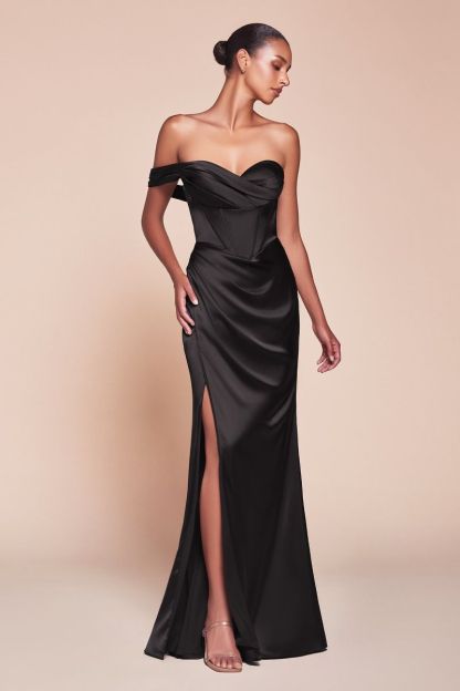 Fitted One Shoulder Pleated Satin Corset Gown 7448