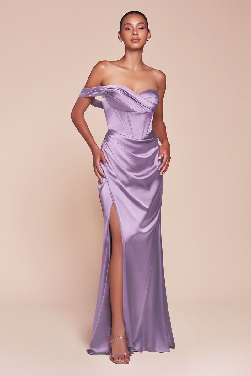 Fitted One Shoulder Pleated Satin Corset Gown 7448