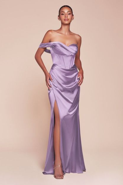 Fitted One Shoulder Pleated Satin Corset Gown 7448