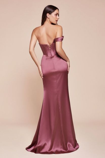 Fitted One Shoulder Pleated Satin Corset Gown 7448