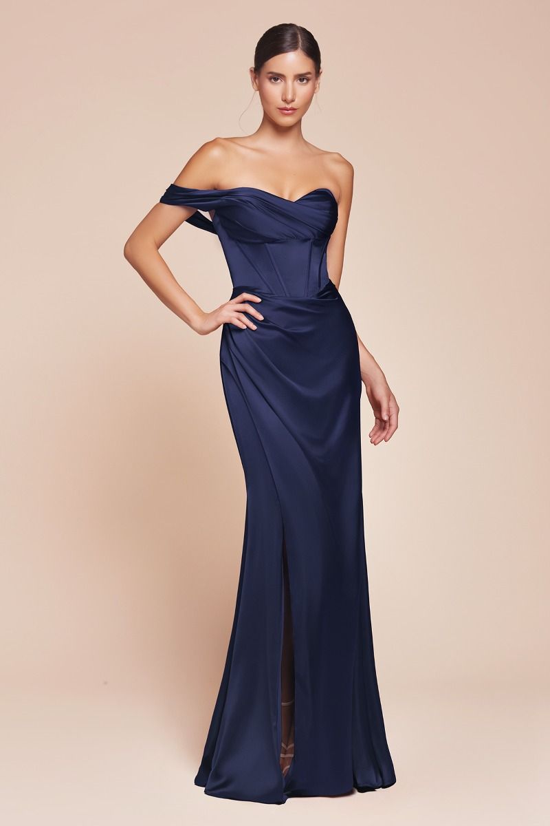 Fitted One Shoulder Pleated Satin Corset Gown 7448