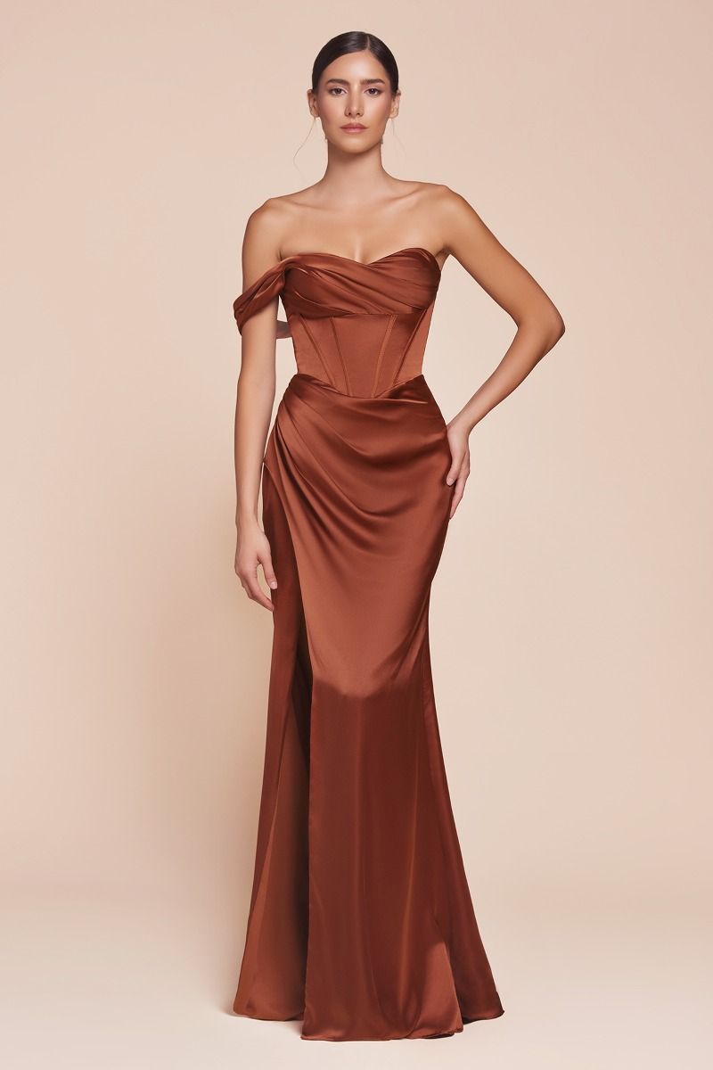 Fitted One Shoulder Pleated Satin Corset Gown 7448