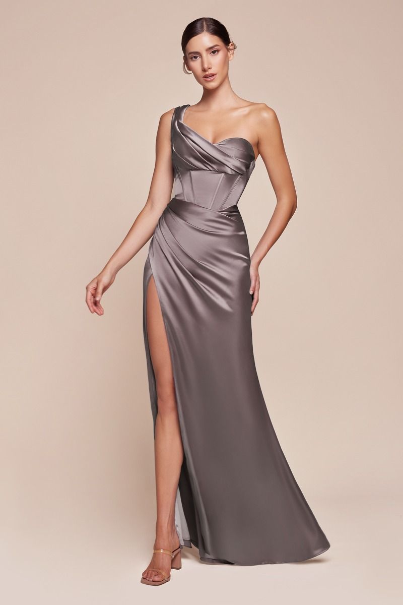 Fitted One Shoulder Pleated Satin Corset Gown 7448
