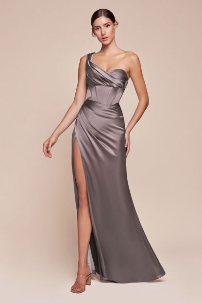Fitted One Shoulder Pleated Satin Corset Gown 7448