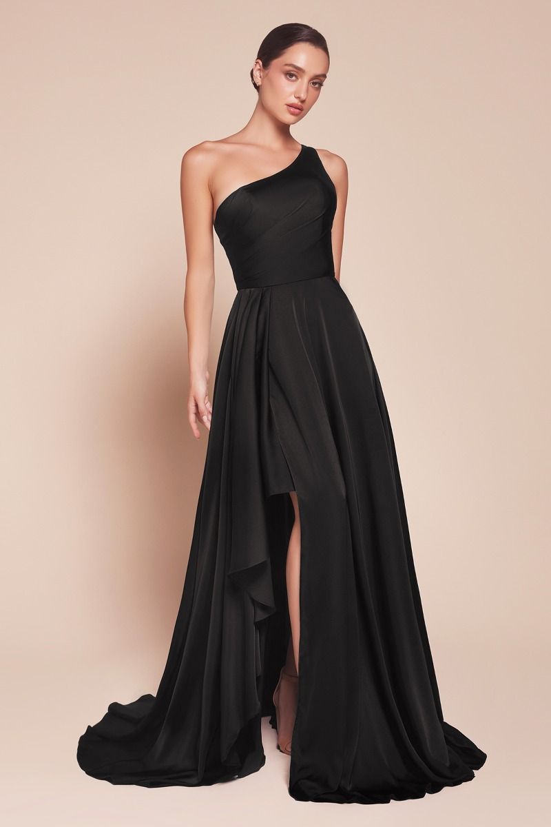 One Shoulder Satin A-Line Flowing Asymmetrical Dress 7450