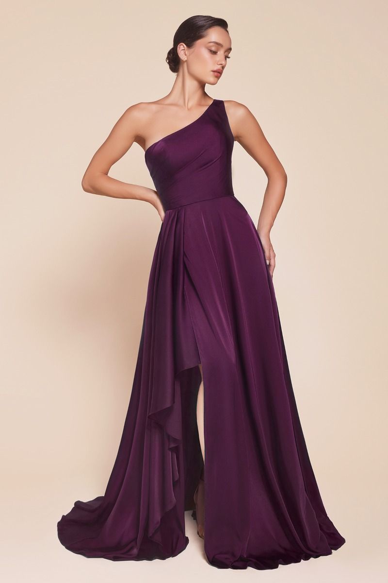 One Shoulder Satin A-Line Flowing Asymmetrical Dress 7450