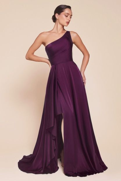One Shoulder Satin A-Line Flowing Asymmetrical Dress 7450