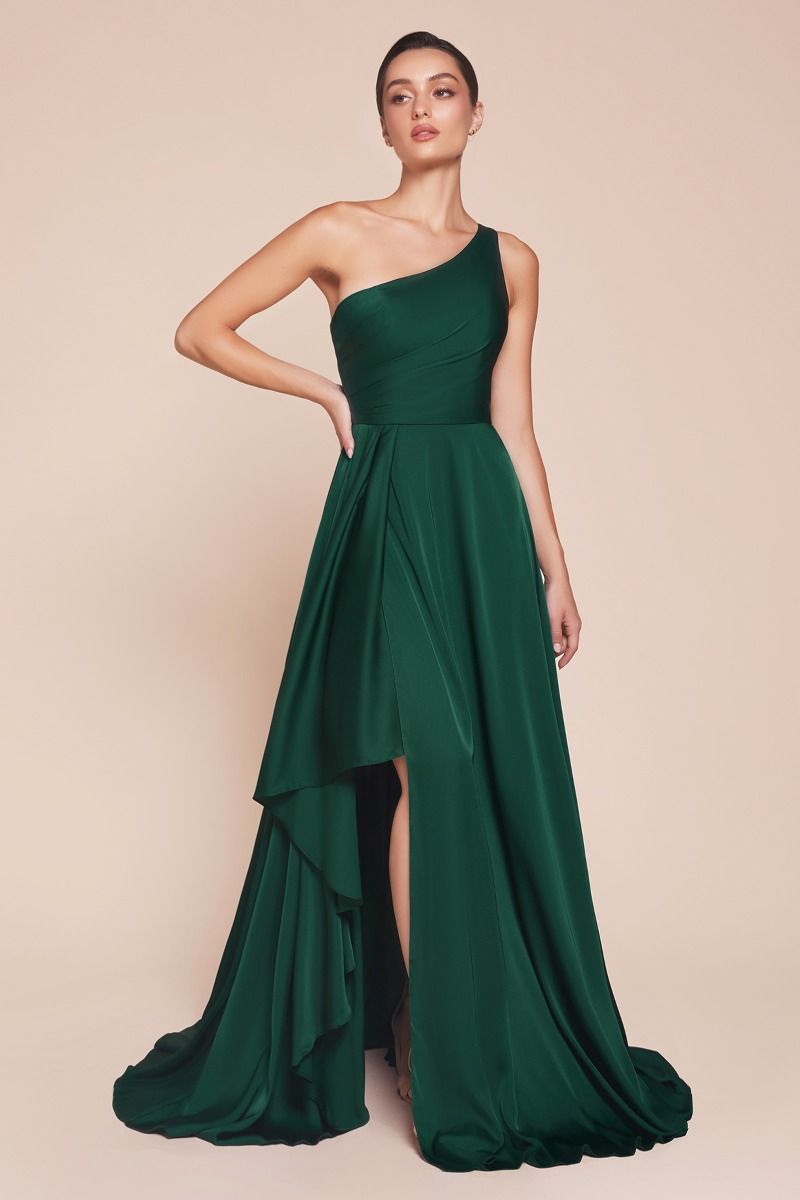 One Shoulder Satin A-Line Flowing Asymmetrical Dress 7450