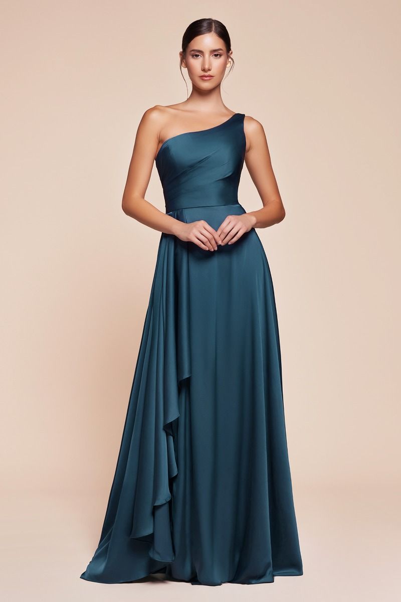One Shoulder Satin A-Line Flowing Asymmetrical Dress 7450