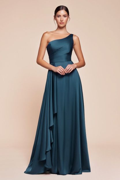 One Shoulder Satin A-Line Flowing Asymmetrical Dress 7450