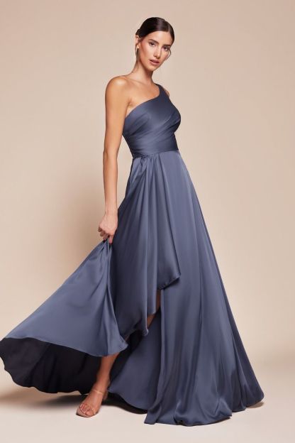 One Shoulder Satin A-Line Flowing Asymmetrical Dress 7450