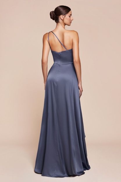 One Shoulder Satin A-Line Flowing Asymmetrical Dress 7450