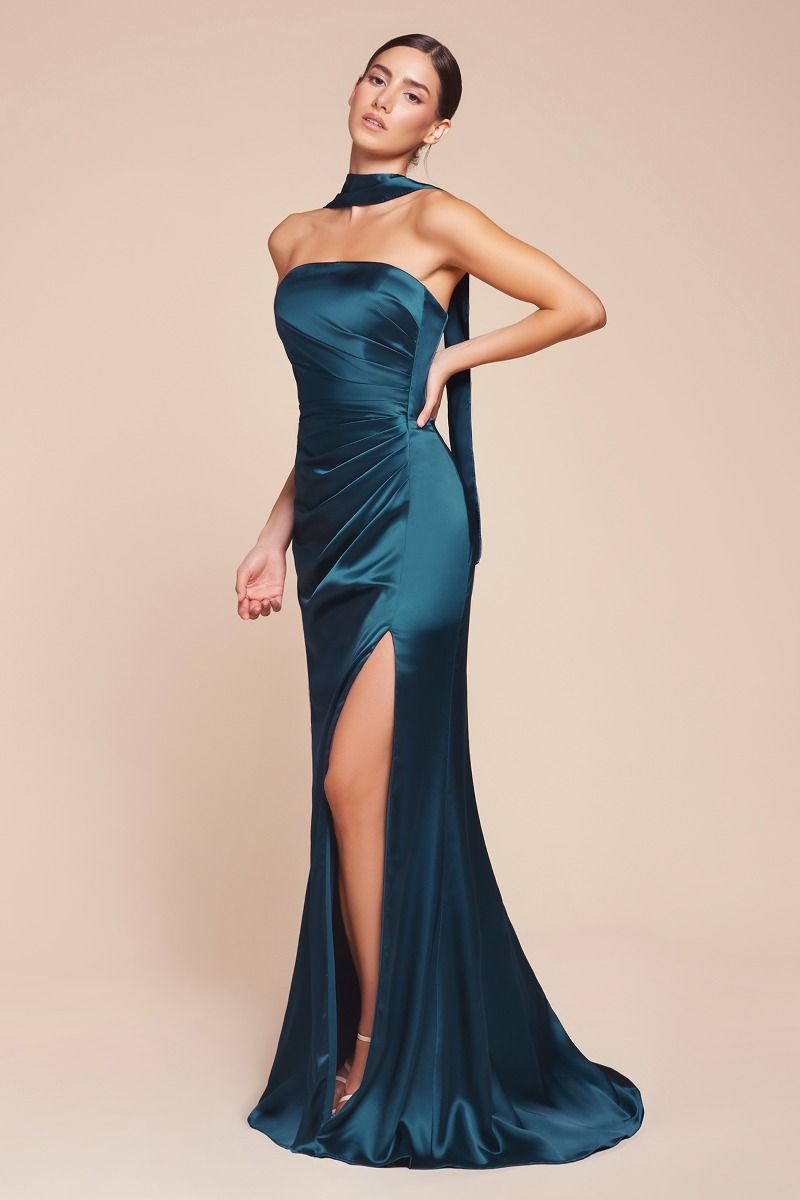 Fitted Strapless Straight Satin Lace-Up Corset Back Gown 7451