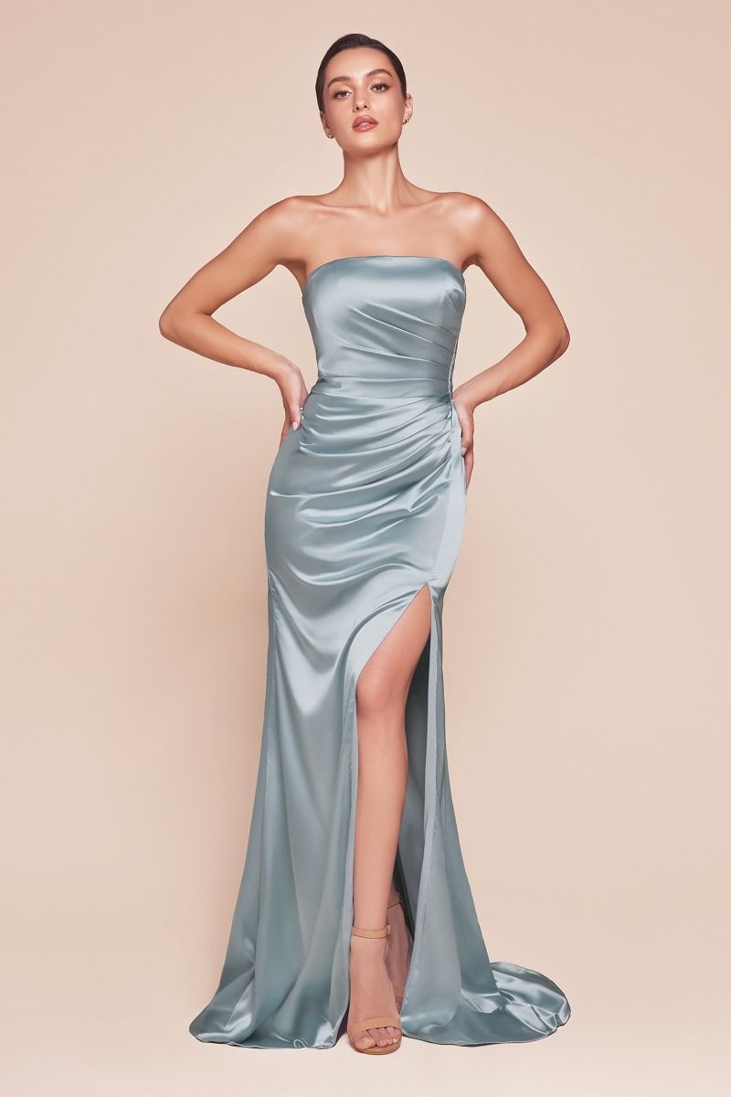 Fitted Strapless Straight Satin Lace-Up Corset Back Gown 7451