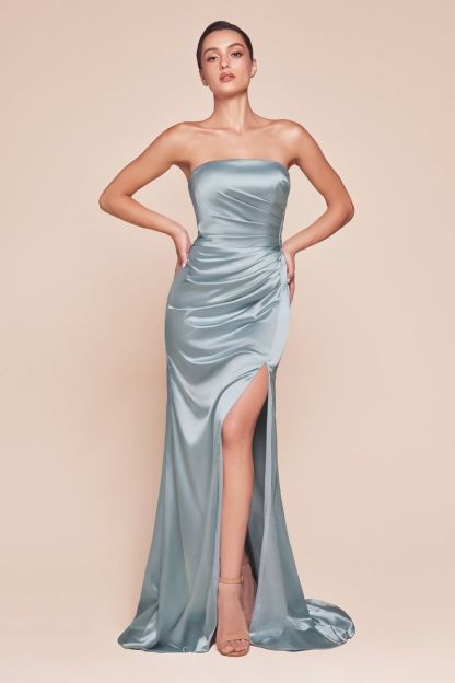 Fitted Strapless Straight Satin Lace-Up Corset Back Gown 7451