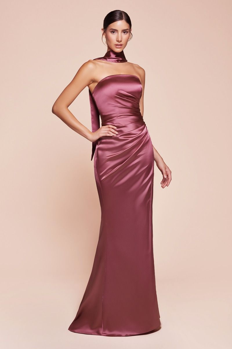 Fitted Strapless Straight Satin Lace-Up Corset Back Gown 7451